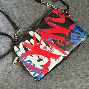 DKNY Multicolor Graffiti Crossbody Purse with Leather & Silver Chain Strap